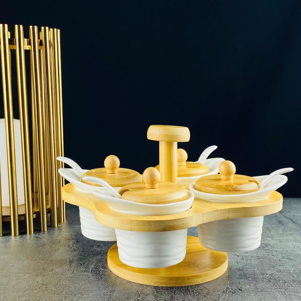 140-087 Набор из 5 банок 100 мл для специй с ложками на подставке BAMBOO в под.уп.(х12)Фарфор