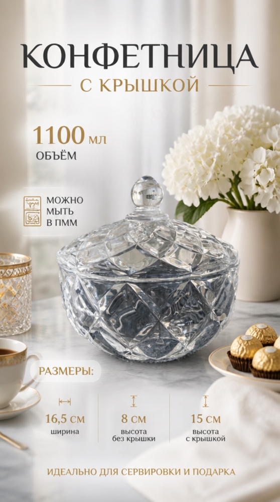 613 DM Ваза емк 1100 мл, d-16,5 см, h-15 см в упаковке 613 DM Ваза емк 1100 мл, d-16,5 см, h-15 см в упаковке