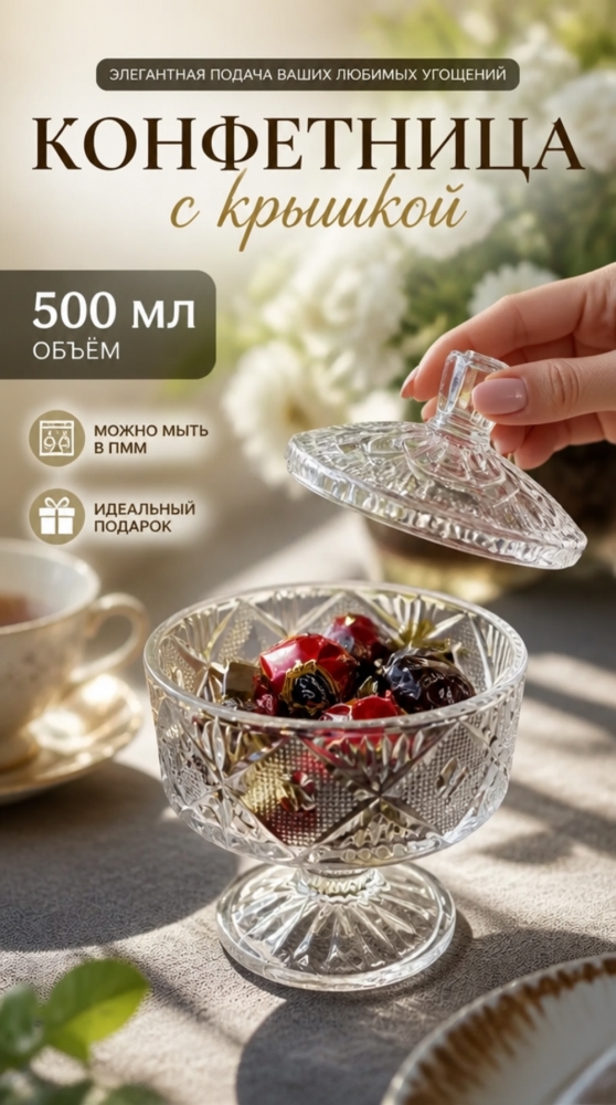 012 TG Ваза для конфет/печенья на ножке 500 мл d-13 см, h-18 см в упаковке 012 TG Ваза для конфет/печенья на ножке 500 мл d-13 см, h-18 см в упаковке