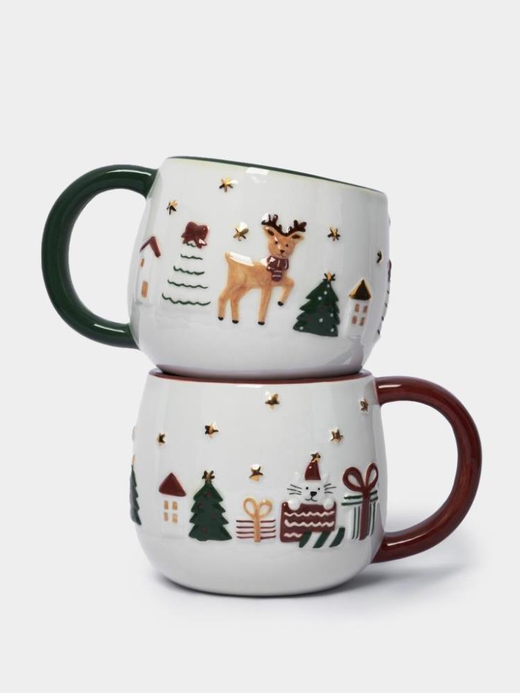 Кружка, 400 мл, 2 шт, керамика, зеленая/красная, Олень и Кот, New year Кружка, 400 мл, 2 шт, керамика, зеленая/красная, Олень и Кот, New year