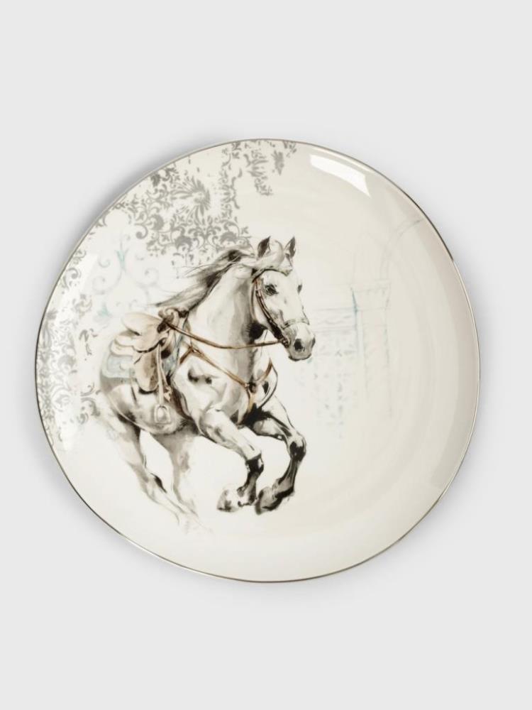 Тарелка обеденная, 28 см, фарфор N, белая, с серебристым кантом, Конь, White horse Тарелка обеденная, 28 см, фарфор N, белая, с серебристым кантом, Конь, White horse