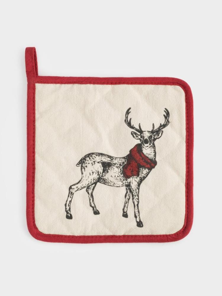 Прихватка, 20x20 см, хлопок, серо-бежевая, Олень в шарфе, Deer Прихватка, 20x20 см, хлопок, серо-бежевая, Олень в шарфе, Deer