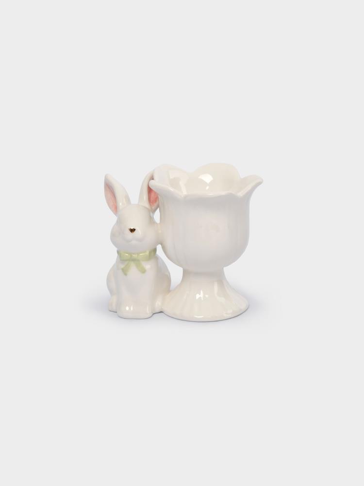 Подставка для яйца, 7 см, керамика, молочно-золотистая, Кролик с цветком, White Rabbit Подставка для яйца, 7 см, керамика, молочно-золотистая, Кролик с цветком, White Rabbit