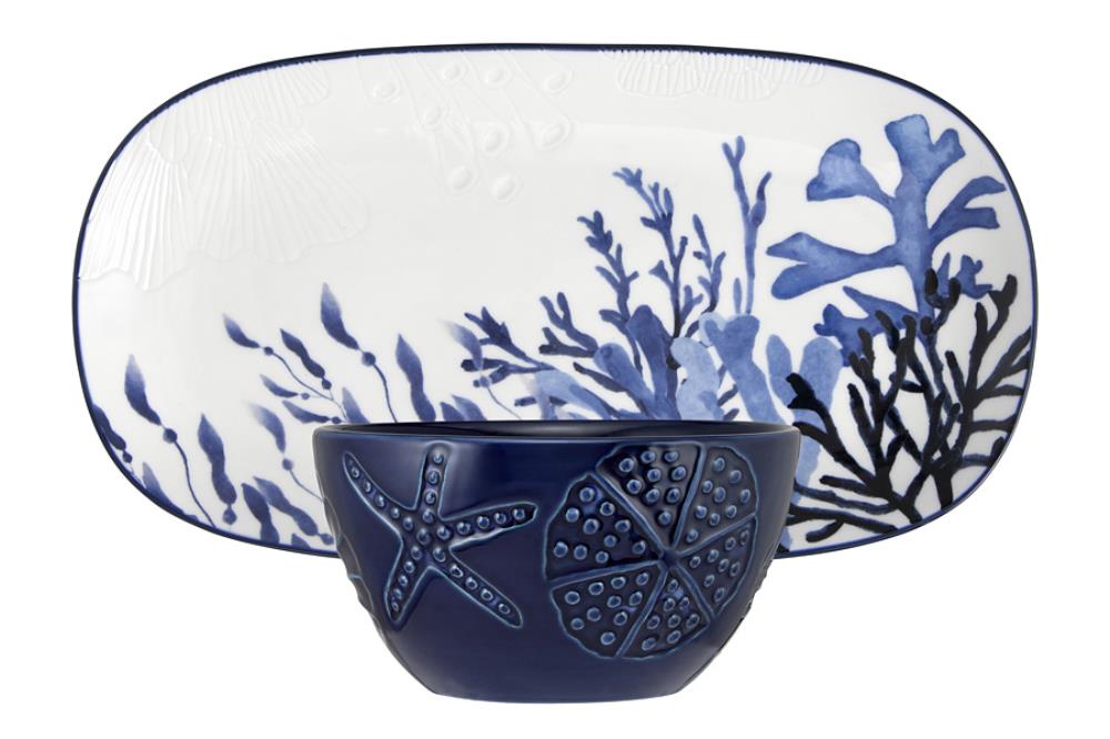 Набор, 2 пр, блюдо/салатник, керамика К, белое/синий, Синие кораллы, Blue Coral Набор, 2 пр, блюдо/салатник, керамика К, белое/синий, Синие кораллы, Blue Coral