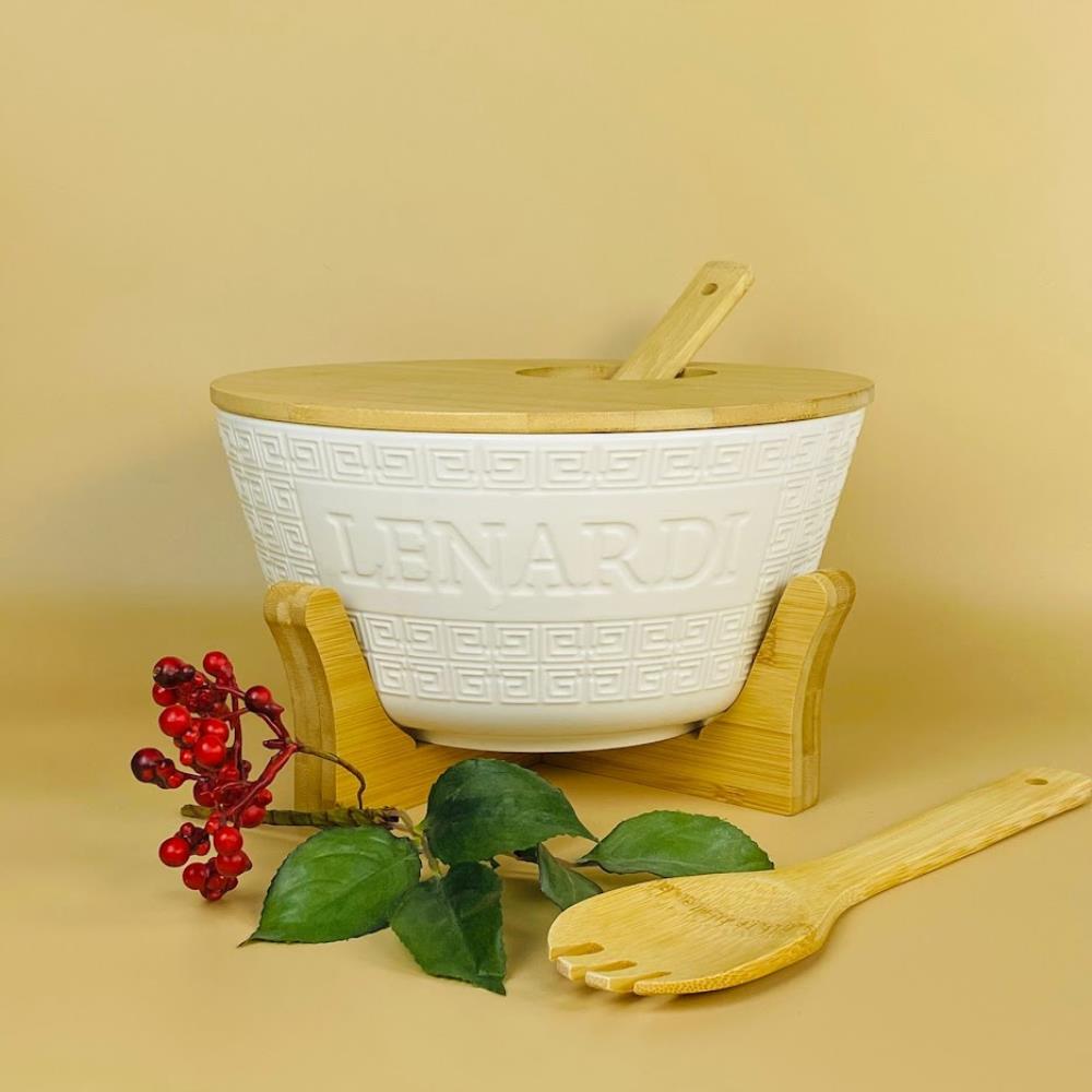 140-128 Набор салатник 25см. с 2 ложками на подставке BAMBOO в под.уп.(х8)Фарфор