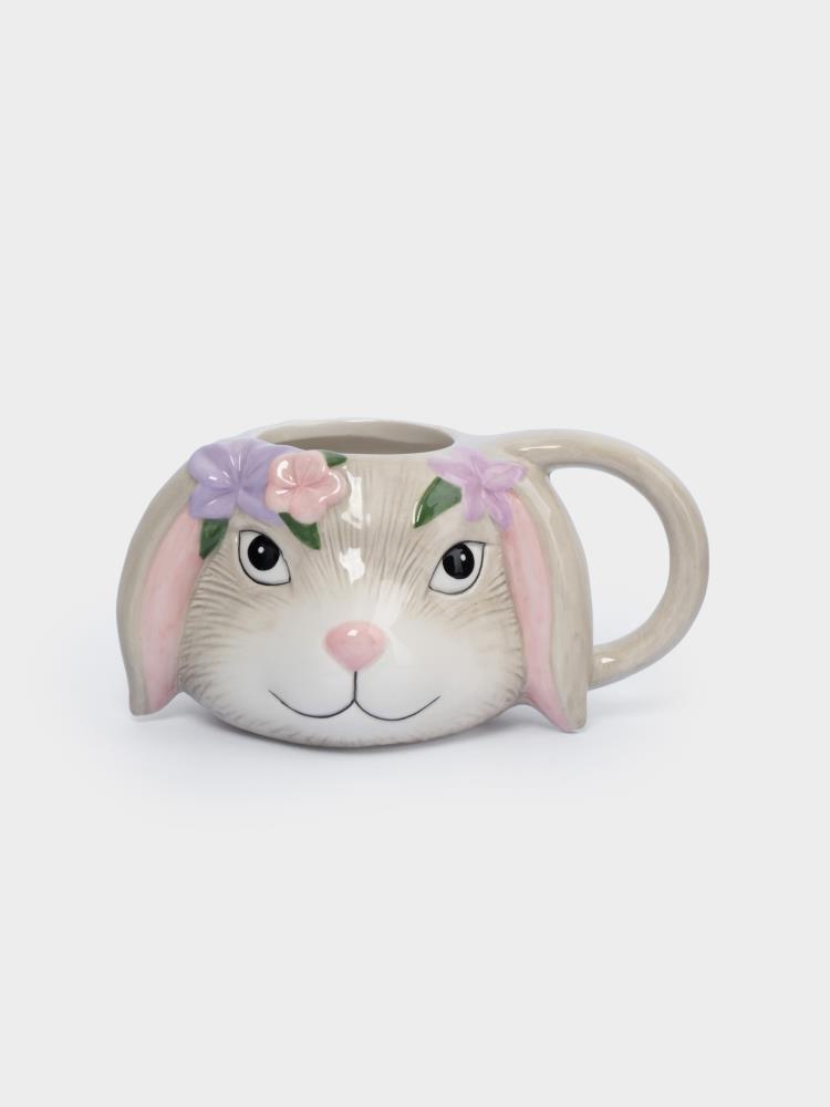 Кружка, 520 мл, керамика, серая, Кролик с цветами, Brown Rabbit Кружка, 520 мл, керамика, серая, Кролик с цветами, Brown Rabbit