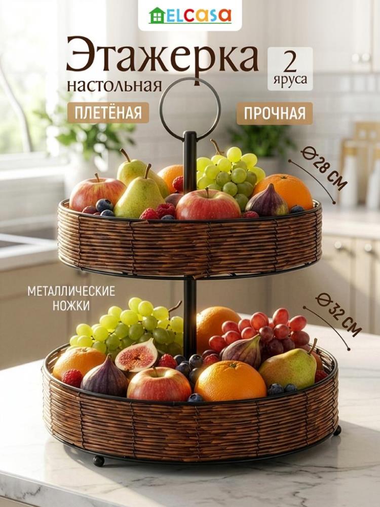 Этажерка настольная 2-х ярусная 32,5*32,5*34,5 см, круглая плетеная с металлическими ножками Этажерка настольная 2-х ярусная 32,5*32,5*34,5 см, круглая плетеная с металлическими ножками