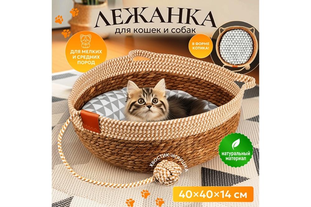Лежанка плетеная для кошек и собак 40*40*14 см, с подушкой и игрушкой Лежанка плетеная для кошек и собак 40*40*14 см, с подушкой и игрушкой