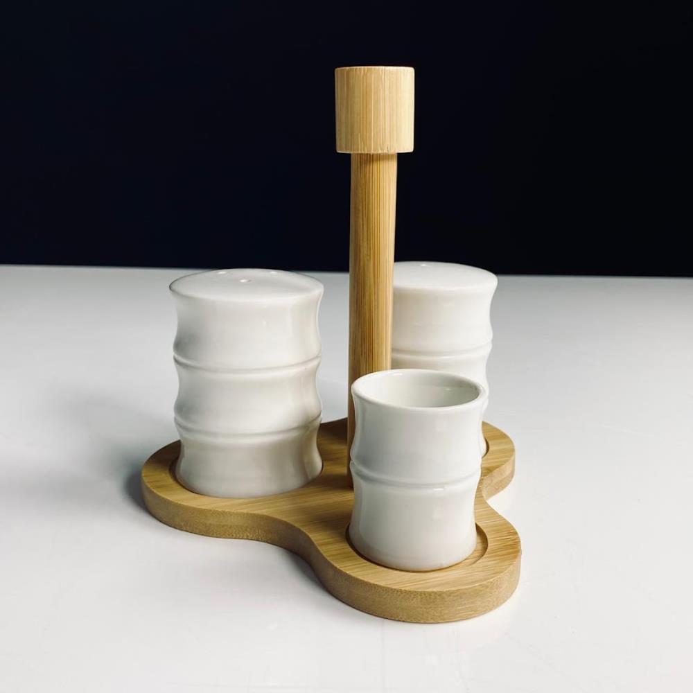 140-177 Набор для специй с подставкой для зубочисток на подставке BAMBOO в под.уп.(х36)Фарфор