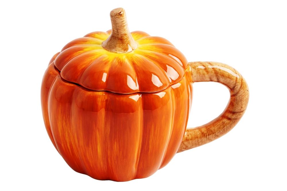 Кружка, 450 мл, с крышкой, керамика, оранжево-зеленая, Тыква, Bright pumpkin Кружка, 450 мл, с крышкой, керамика, оранжево-зеленая, Тыква, Bright pumpkin